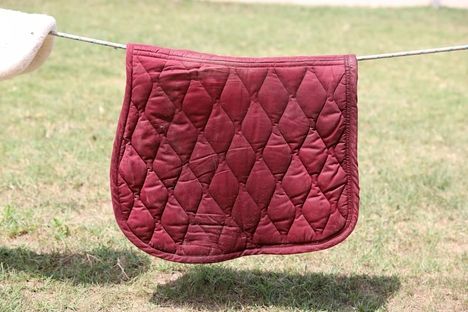 Eine rote Pferdecke auf einer Leine aufgehängt